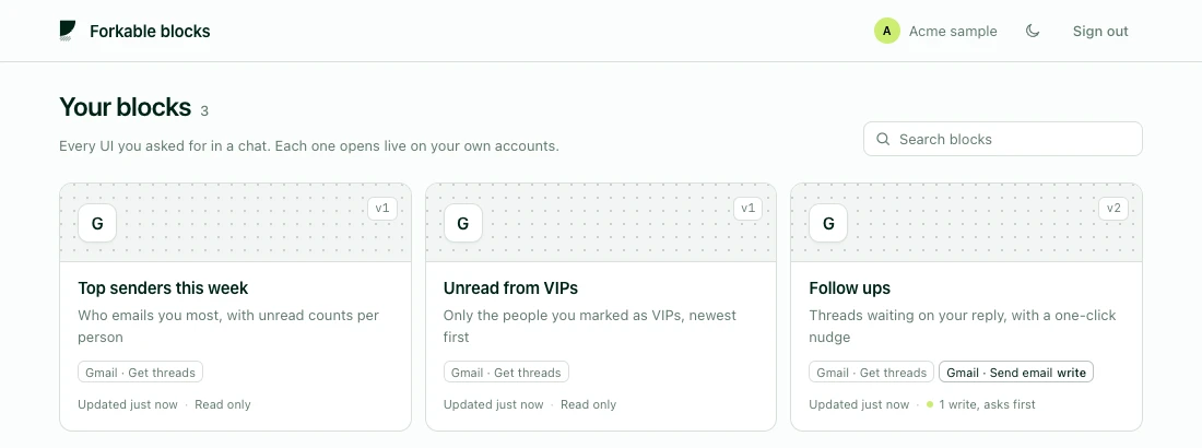 blocks.forkable.dev, the list of saved UIs