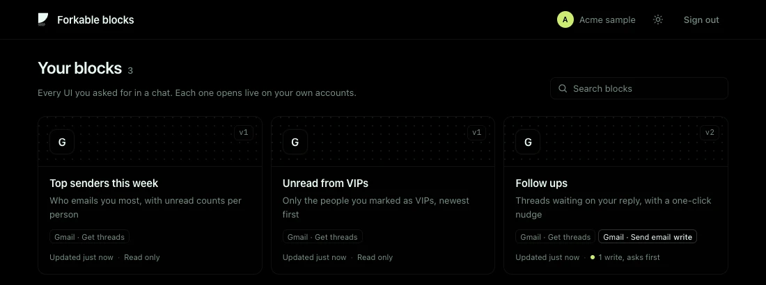 blocks.forkable.dev, the list of saved UIs